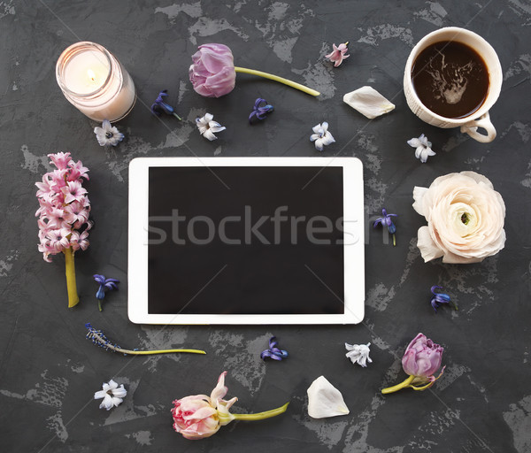 Stock fotó: ünnepi · meghívó · gyönyörű · virágok · csésze · kávé