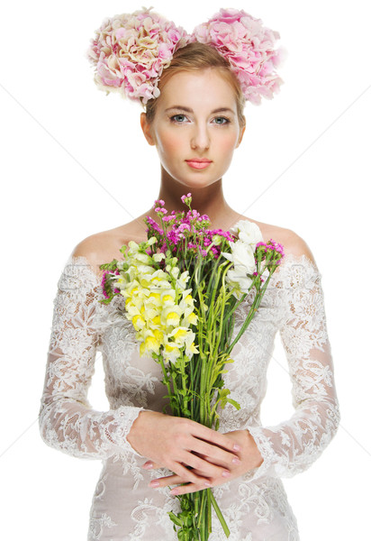 Beautiful blond girl with hydrangea in her hair Stock photo © dashapetrenko