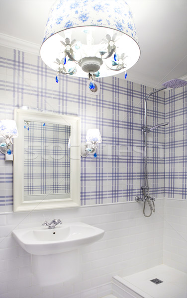 Beautiful Blue And White Bathroom With Shower Stock Photo