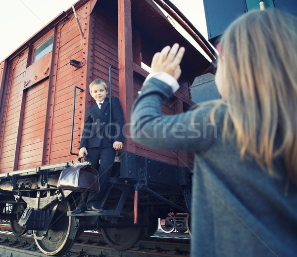 little boy and little girl in the retro train Stock photo © dashapetrenko