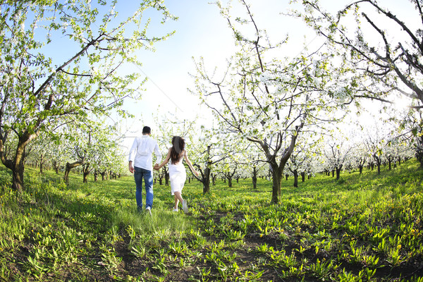 Young couple in love running in spring blossom garden Stock photo © dashapetrenko