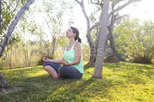 Pregnant Woman Doing Sport In Summer Evening Outdoors Stock Photo