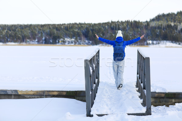 Woman hiking in white winter forest Stock photo © dashapetrenko