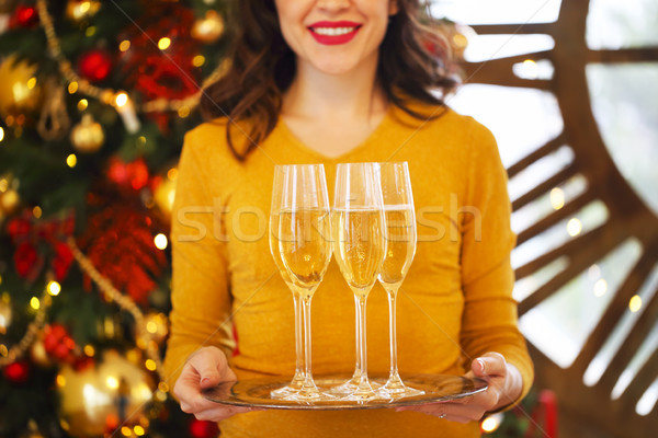 Сток-фото: счастливым · женщину · очки · шампанского · серебро