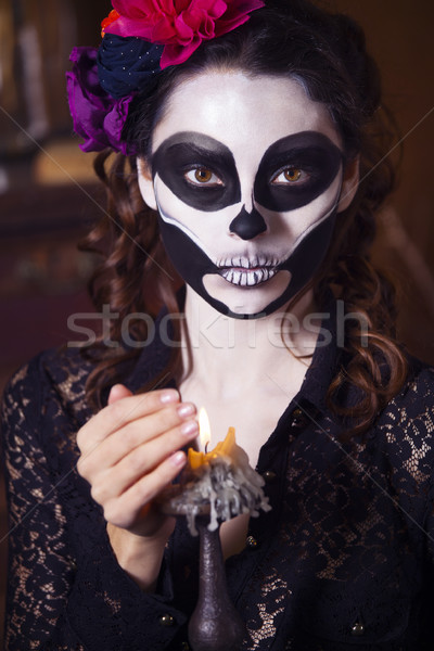 Beautiful woman painted as skeleton. Halloween theme Stock photo © dashapetrenko
