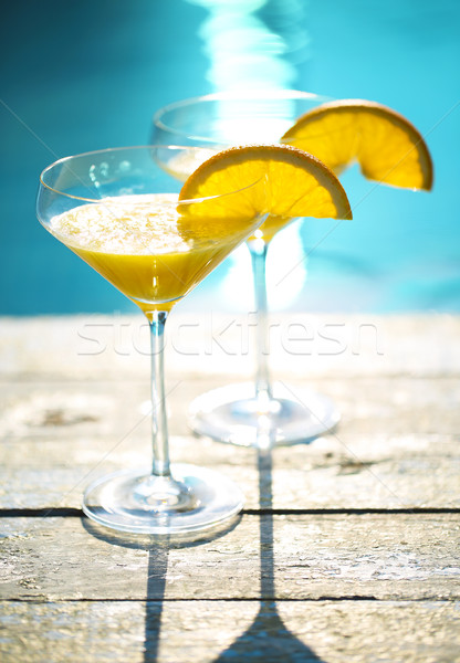 Stockfoto: Champagne · bril · orange · slice · cocktail · zomer · zwembad