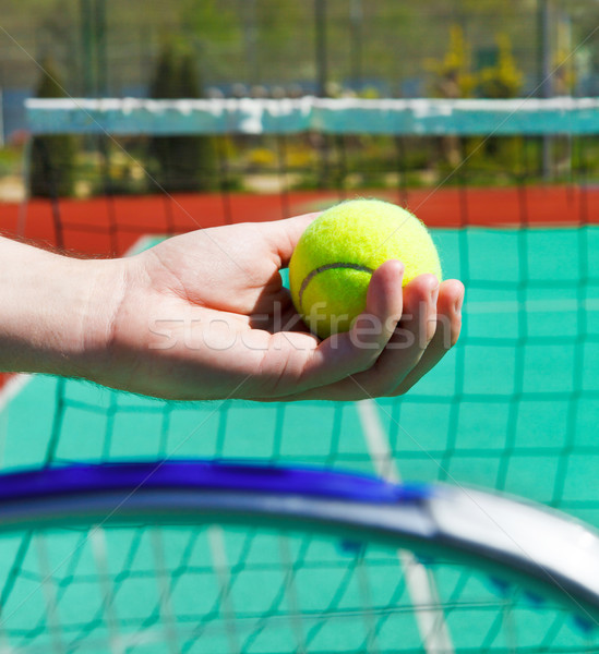 Close up of tennis racquet and ball in hands  Stock photo © dashapetrenko