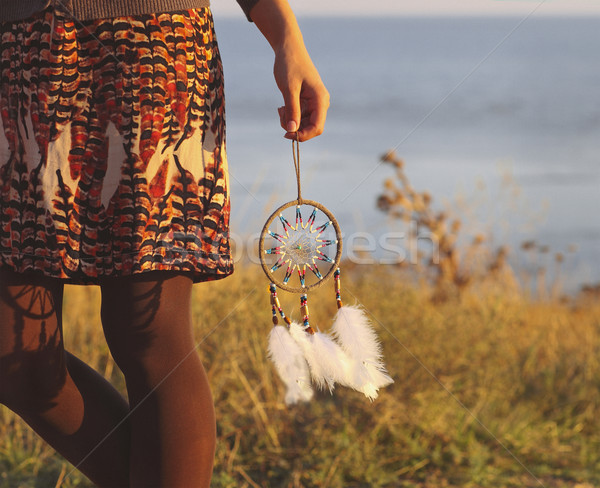 Brunette woman with long hair holding dream catcher  Stock photo © dashapetrenko