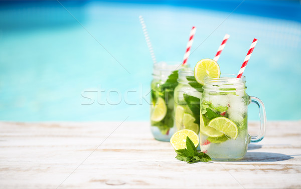 Glasses of lime lemonade near pool Stock photo © dashapetrenko