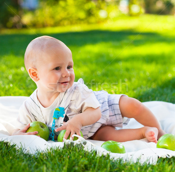 Happy baby boy with green apples on green grass in summer park Stock photo © dashapetrenko