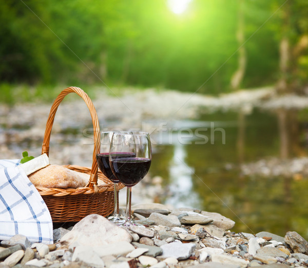 紅葡萄酒 奶酪 麵包 擔任 野餐 山 商業照片 © dashapetrenko
