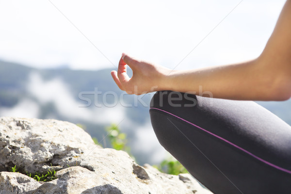 吸引力 年輕女子 瑜伽姿勢 頂部 高 岩 商業照片 © dashapetrenko