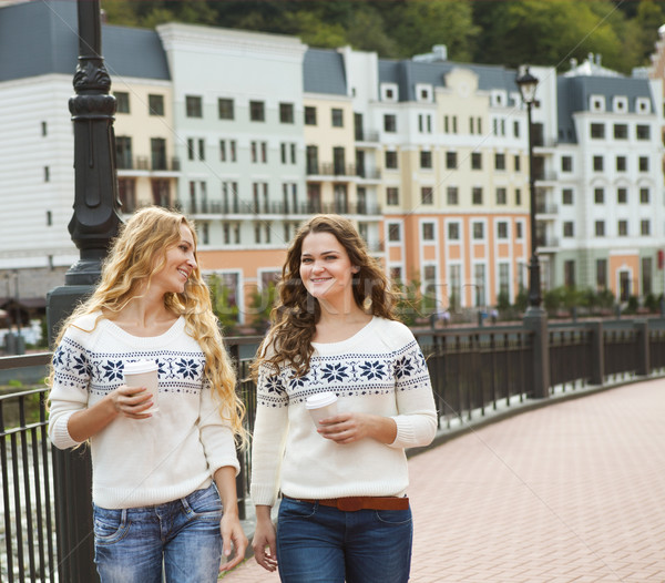Two casual happy women having a conversation while walking in th Stock photo © dashapetrenko