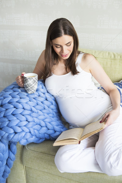Jonge mooie zwangere vrouw vergadering sofa binnenshuis Stockfoto © dashapetrenko