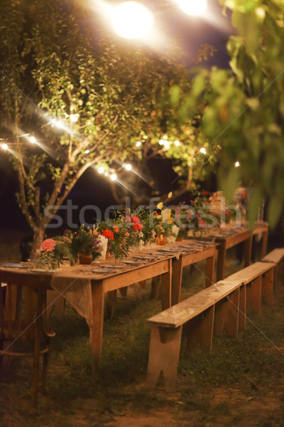 Prepared table for a rustic outdoor dinner at night with lamps Stock photo © dashapetrenko