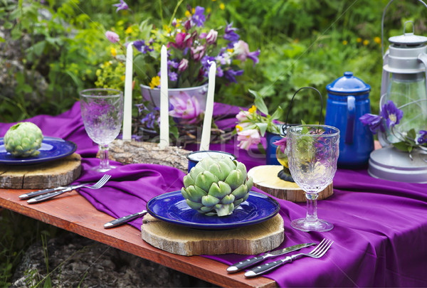 Wedding table setting decorated in rustic style Stock photo © dashapetrenko