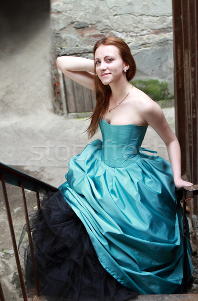 Foto stock: Vermelho · menina · belo · azul · vestir · romântico
