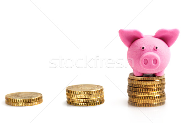 Coins and little pink pig on coins. Isolated on white Stock photo © dashapetrenko