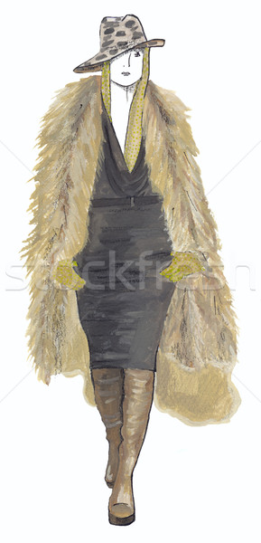 Fille manteau de fourrure dessin cheveux chaussures costume Photo stock © dashapetrenko