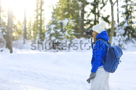ストックフォト: 女性 · ハイキング · 白 · 冬 · 森林 · 若い女性