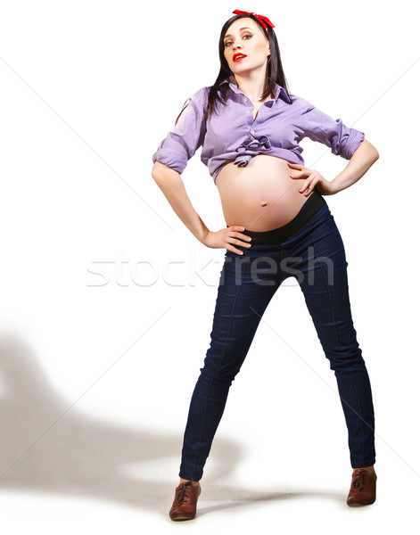Fericit tineri amuzant femeie gravida pinul in sus Imagine de stoc © dashapetrenko