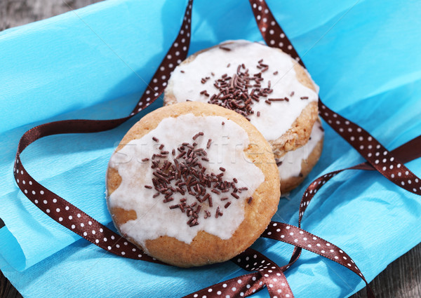 ストックフォト: クッキー · 装飾された · リボン · ブラウン · 水玉模様 · 青