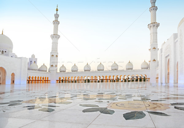 Moskee avond Verenigde Arabische Emiraten Abu Dhabi aanbidden lichten Stockfoto © dashapetrenko