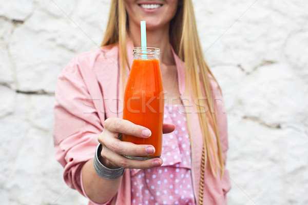 Diet nutrition with detox juice. Healthy woman posing with fresh Stock photo © dashapetrenko