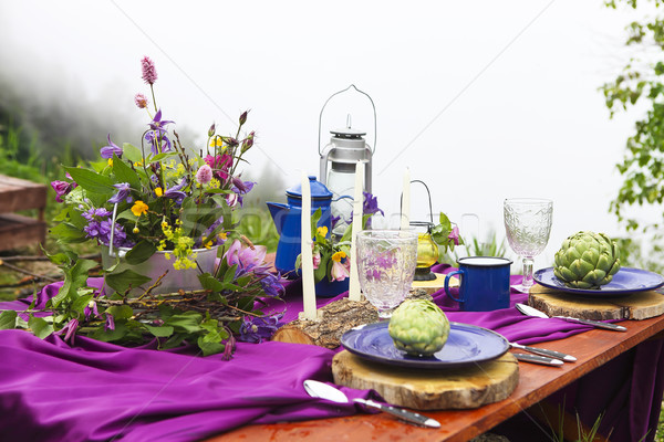 Esküvő asztal díszített rusztikus stílus hegyek Stock fotó © dashapetrenko
