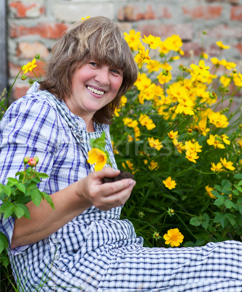 Happy moddle aged woman working in her backyard garden Stock photo © dashapetrenko
