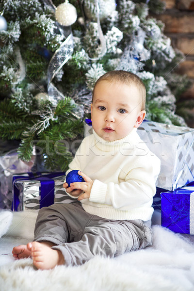 Funny one year old baby baby boy on bright festive background Stock photo © dashapetrenko