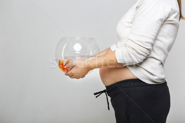 Stock fotó: Boldog · terhes · nő · tart · akvárium · aranyhal · kezek
