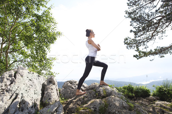 Vonzó fiatal nő jóga póz egyensúly nyújtás felső Stock fotó © dashapetrenko