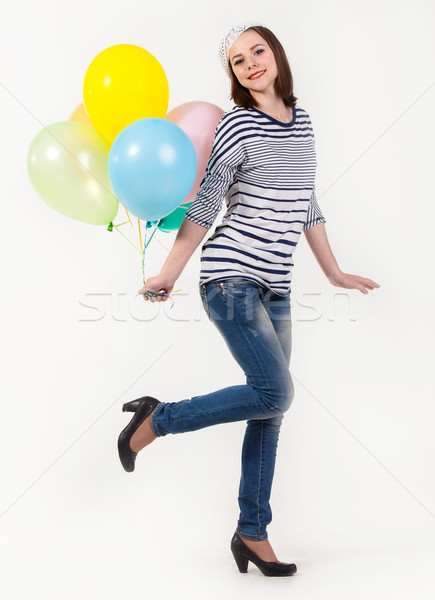 Young cute brunette girl in parisian style with ballons Stock photo © dashapetrenko