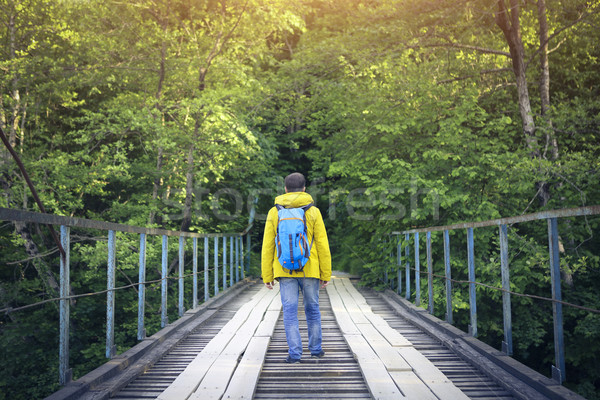 Tourist man walking across wooden bridge  Stock photo © dashapetrenko