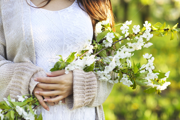 Hands of the woman over spring garden and cherry blossom backgro Stock photo © dashapetrenko