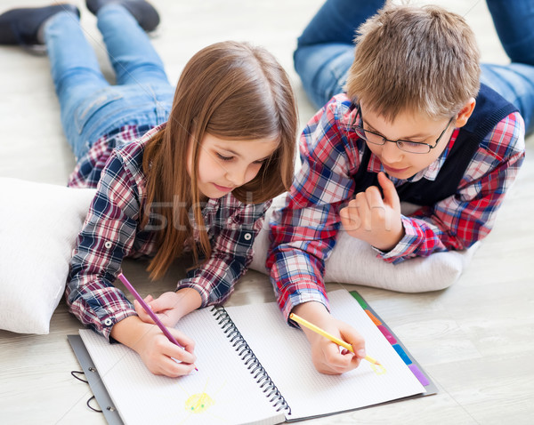 Two little kids drawing with crayons Stock photo © dashapetrenko