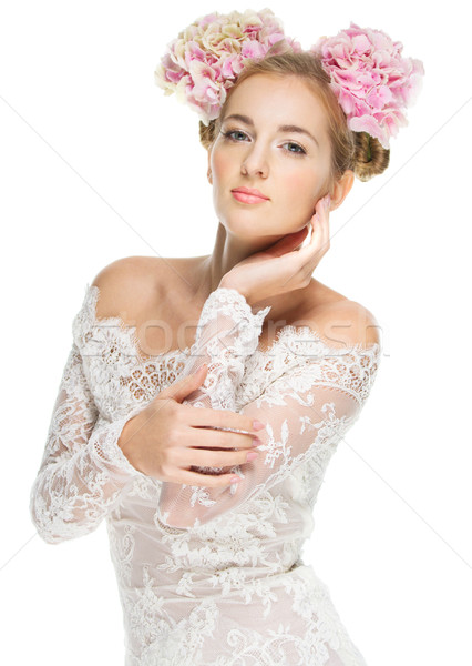 Beautiful blond girl with hydrangea in her hair Stock photo © dashapetrenko