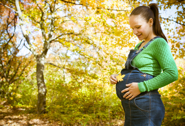 Mulher grávida de mãos dadas maple leaf grávida sorrindo barriga Foto stock © dashapetrenko