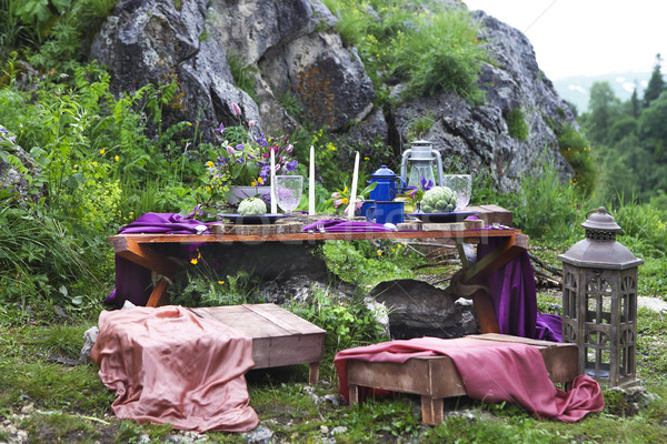 Esküvő asztal díszített rusztikus stílus hegyek Stock fotó © dashapetrenko