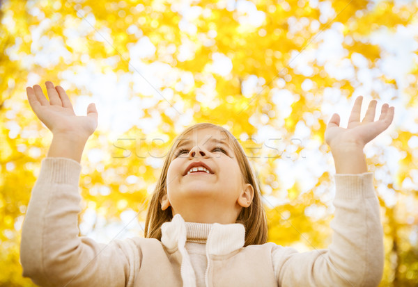 Retrato feliz nina jugando hojas de otoño forestales Foto stock © dashapetrenko