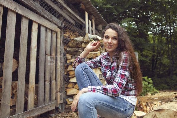 Stok fotoğraf: Güzel · kadın · yakacak · odun · poz · moda · doğa