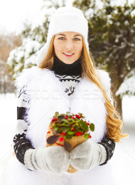 Stockfoto: Glimlachende · vrouw · winter · plant · handen