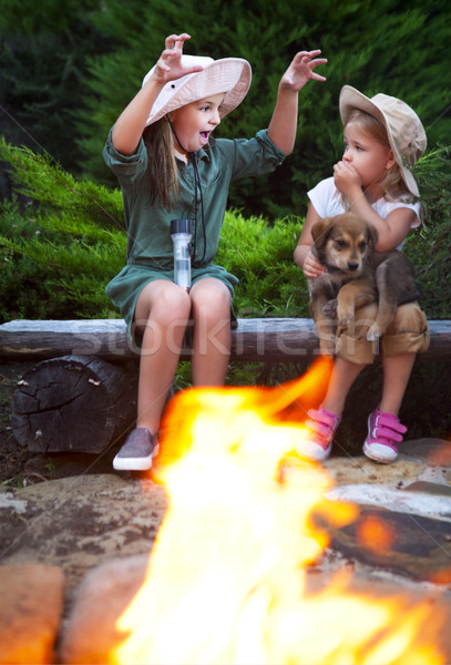 Dois irmãs falante fogueira noite fogo Foto stock © dashapetrenko