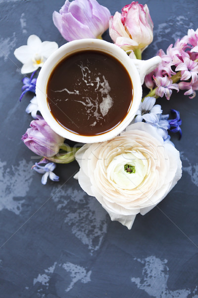 Festive invitation card with beautiful flowers and cup of coffee Stock photo © dashapetrenko