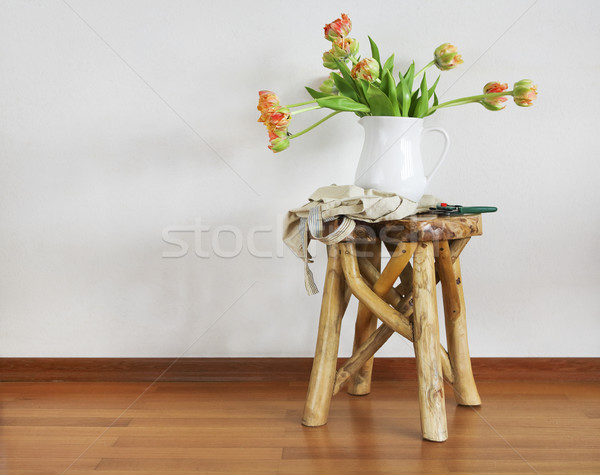 Still life with tulips bouquet on wooden rustic chair  Stock photo © dashapetrenko