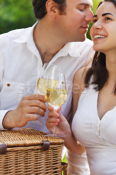 ストックフォト: 小さな · 幸せ · カップル · 眼鏡 · 白ワイン