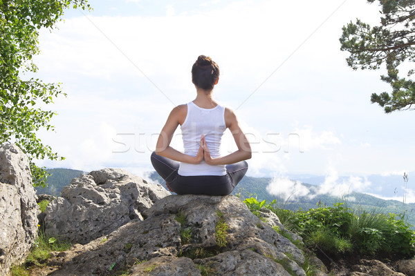 Attractive young woman doing a yoga pose for balance on top of h Stock photo © dashapetrenko