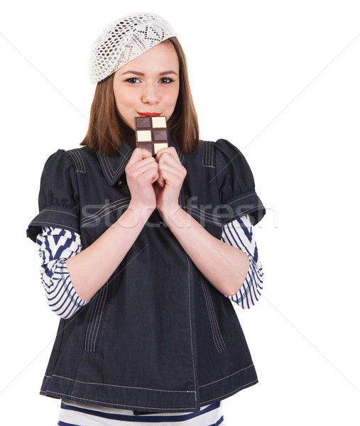 Young cute brunette girl and chocolate Stock photo © dashapetrenko