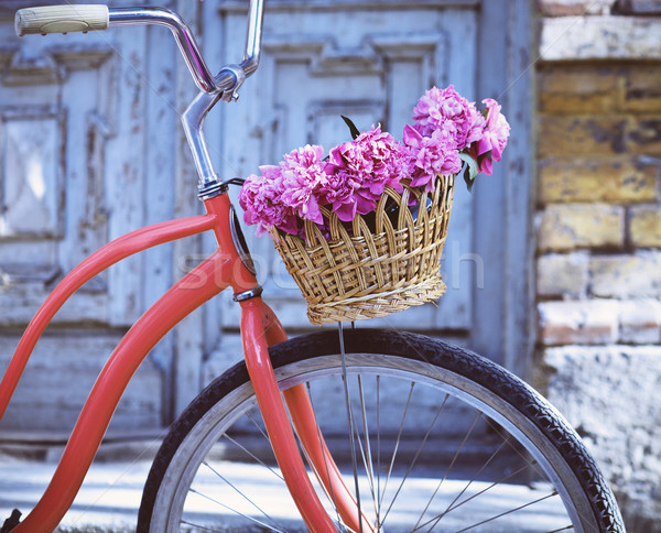 Jahrgang Fahrrad legen Blumen alten Holz Stock foto © dashapetrenko